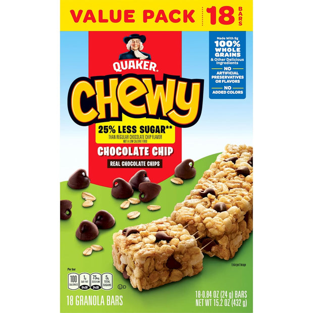 Quaker Chewy Granola Bars, Reduced Sugar Chocolate Chip, 18 Pack