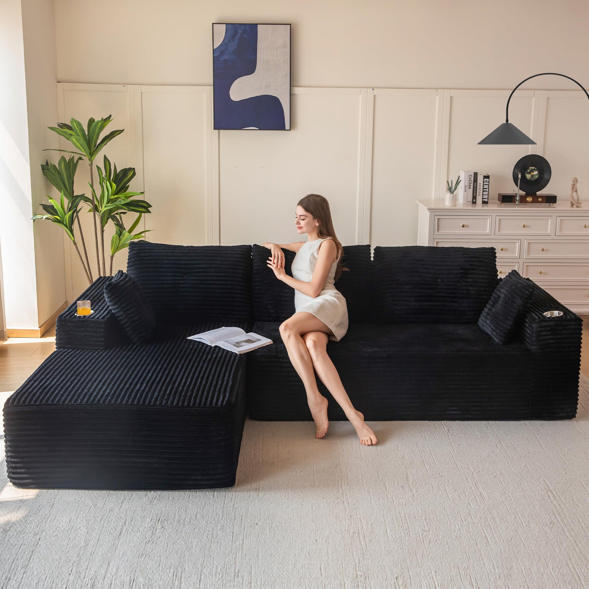 MAXYOYO 110" Modular Sectional Couch with L-Shape Chaise, Modern Boneless Couch for Living Room, Sofa in A Box, Oversized Sofa Sleeper with Deep Seat, No Assembly Required, Grayish Beige