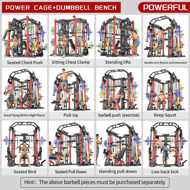 Smith Machine with Cable Crossover System, Multi-Function Squat Rack Power Cage for Home Gym, Power Rack and Packages Weight Sets