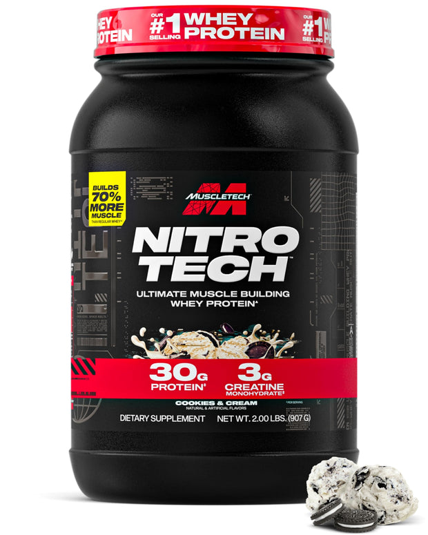 Muscletech Whey Protein Powder (Milk Chocolate, 2 Pound) - Nitro-Tech Ultimate Muscle Building Formula with Whey Protein Isolate - 30g of Protein, 3g of Creatine & 6.8g of BCAA - Packaging May Vary