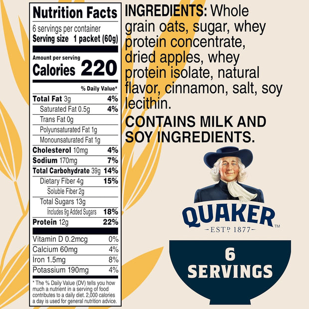 Quaker Protein Instant Oatmeal, Apple Cinnamon, 12g Protein per Serving, Whole Grains, No Artificial Flavors, No Added Colors, 2.11 oz Packets, (6 Pack)
