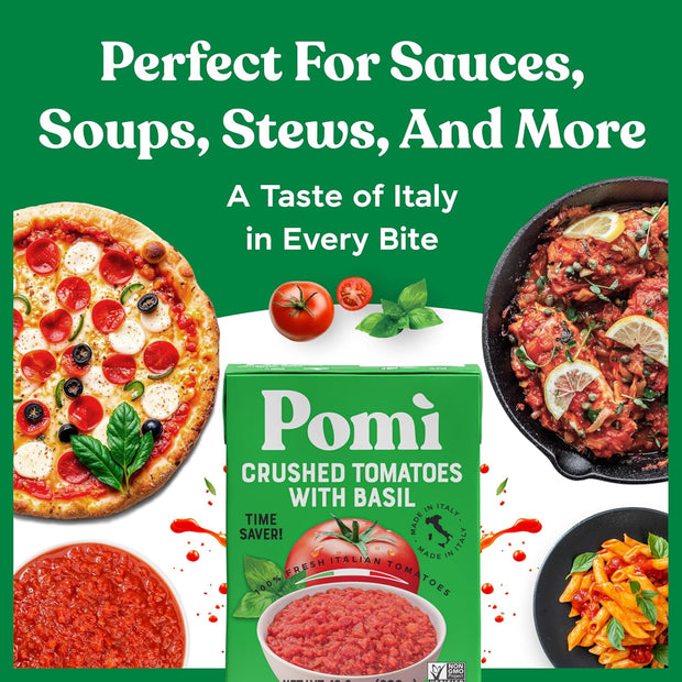 Pomì Crushed Tomatoes with Basil - Creamy, Velvety Italian Sauce, No Salt, Additives/Preservatives, GMO-Free, Gluten-Free, 100% Fresh Tomatoes, 13.8oz (Pack of 12)