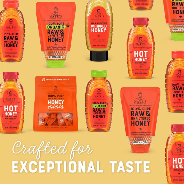 Nate's 100% Pure, Raw & Unfiltered Honey - Award-Winning Taste, 16oz.Squeeze Bottle (6-Pack)