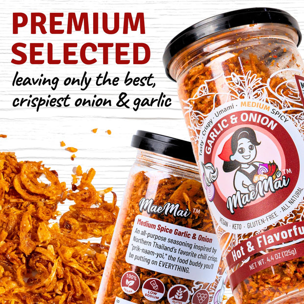 MaeMai Chili Crisp (MEDIUM HOT Spice) - Non-Oily Chili Crisp Topper, Rice Seasoning, Ramen Topper, Furikake, Umami Onion & Garlic Flakes | 4.41oz (125g) Resealable Bottle