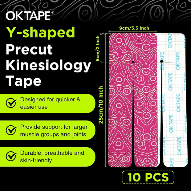 OK TAPE Precut Y-Shape Kinesiology Tape for Shoulder, Knee, Back, 10 Pcs, K Tape Strips, Provide Support & Relieve Discomfort, Water-Resistant Elastic Athletic Tape (3.5" x 10", Black)