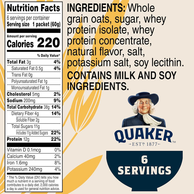 Quaker Protein Instant Oatmeal, Maple Brown Sugar, 12g Protein per Serving, Whole Grains, No Artificial Flavors, No Added Colors, 2.11 oz Packets, (6 Pack)