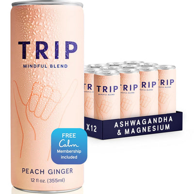 Trip Mindful Blend, Lightly Sparkling Adaptogen Seltzer, Mocktail w/ 120mg Magnesium Citrate with Ashwagandha, Lions Mane & L Theanine, No Added Sugar, Vegan, Peach Ginger, 12 Oz, 12Pk
