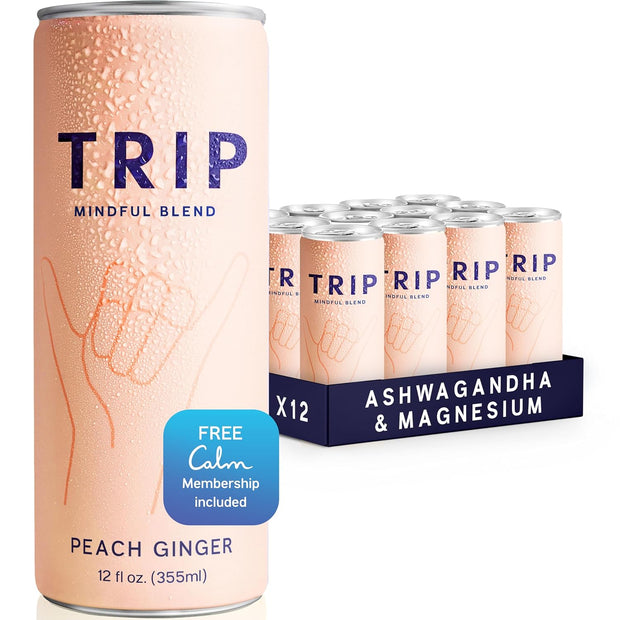 Trip Mindful Blend, Lightly Sparkling Adaptogen Seltzer, Mocktail w/ 120mg Magnesium Citrate with Ashwagandha, Lions Mane & L Theanine, No Added Sugar, Vegan, Peach Ginger, 12 Oz, 12Pk