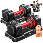 XDDIAS Adjustable Dumbbell Set of 2-25LB/55LB Set-1Sec Adjustable Dumbbell Weights-5 in 1 Free Weights Dumbbells Set with Effortless Tray/No-Slip Handle-Compact Size for Women/Men at Home Gym