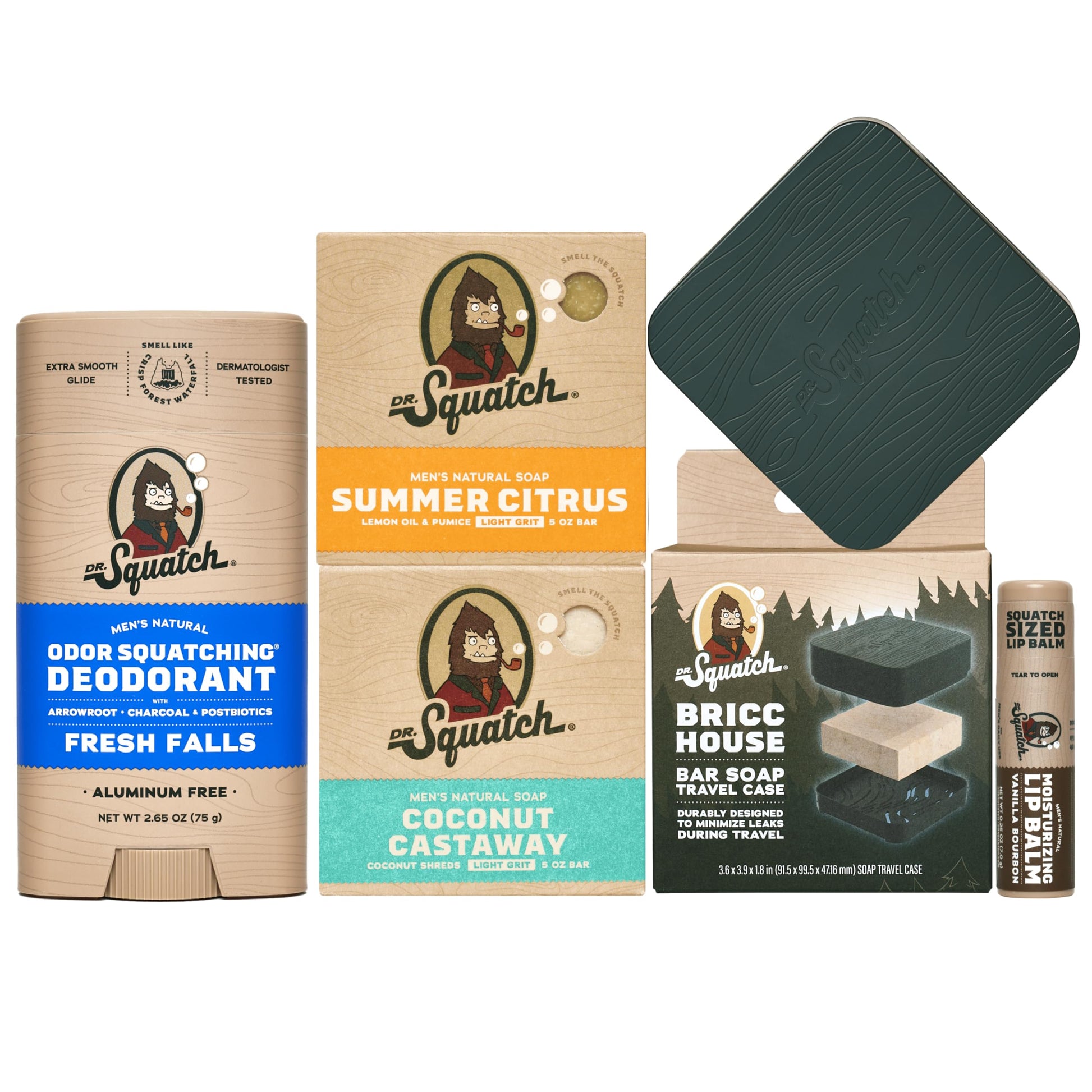 Dr. Squatch NEW Bricc House Travel Pack - Soap Travel Case + Cool Fresh Aloe, Coconut Castaway Soap + Rainforest Rapids Deodorant + Original Squatch Lip Balm - Full Routine Natural Men's Care Kit
