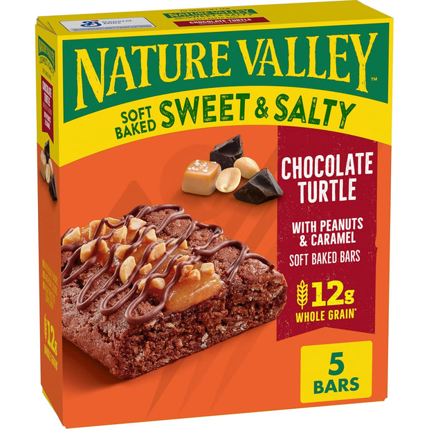 Nature Valley Soft Baked Sweet and Salty Bars, Chocolate Turtle, Made with Whole Grain, 5 Bars, 6.2 oz
