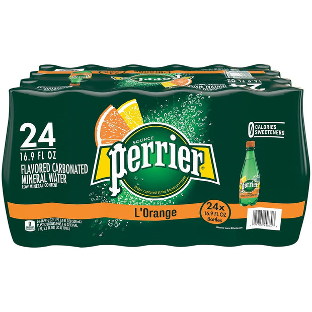 Perrier L'Orange Flavored Carbonated Mineral Water (Lemon Orange Flavor), Plastic Bottles, 16.9 Fl Oz (Pack of 24)