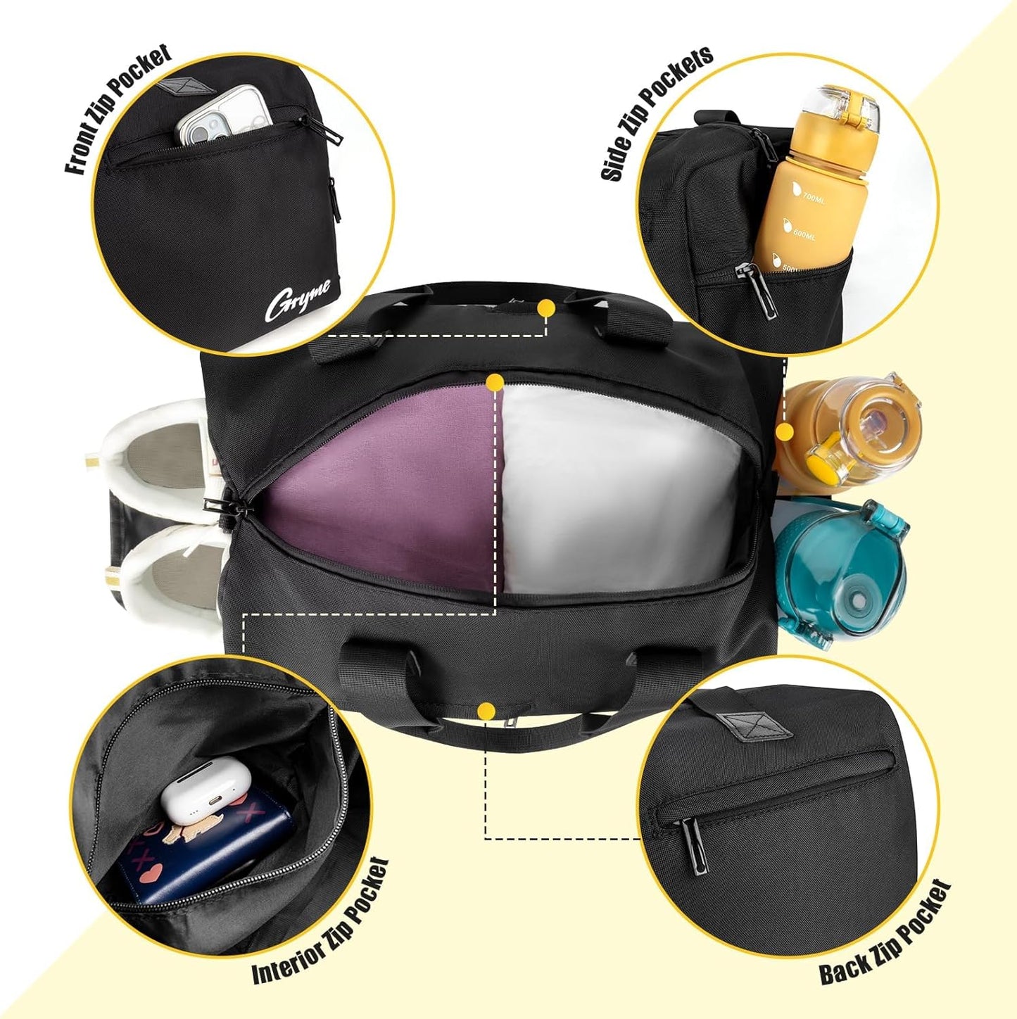 Gryme 15 Inch Small Gym Bag with Shoes Compartment and Wet Pocket, Mini Duffle Bag for Men & Women, Small Sports Bag for Travel Carry On, Swimming, Workout, Weekender Overnight