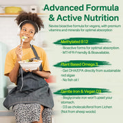 NEVISS Vegan Multivitamin for Women & Men w/Methyl B12, D3 K2, Plant Based Omega 3 (DHA+EPA), Iron, Choline, Zinc, Whole Food Daily Vitamins Gummies for Vegans & Vegetarians, Sugar Free, 60Cts