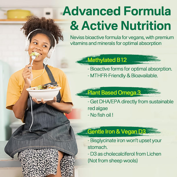 NEVISS Vegan Multivitamin for Women & Men w/Methyl B12, D3 K2, Plant Based Omega 3 (DHA+EPA), Iron, Choline, Zinc, Whole Food Daily Vitamins Gummies for Vegans & Vegetarians, Sugar Free, 60Cts