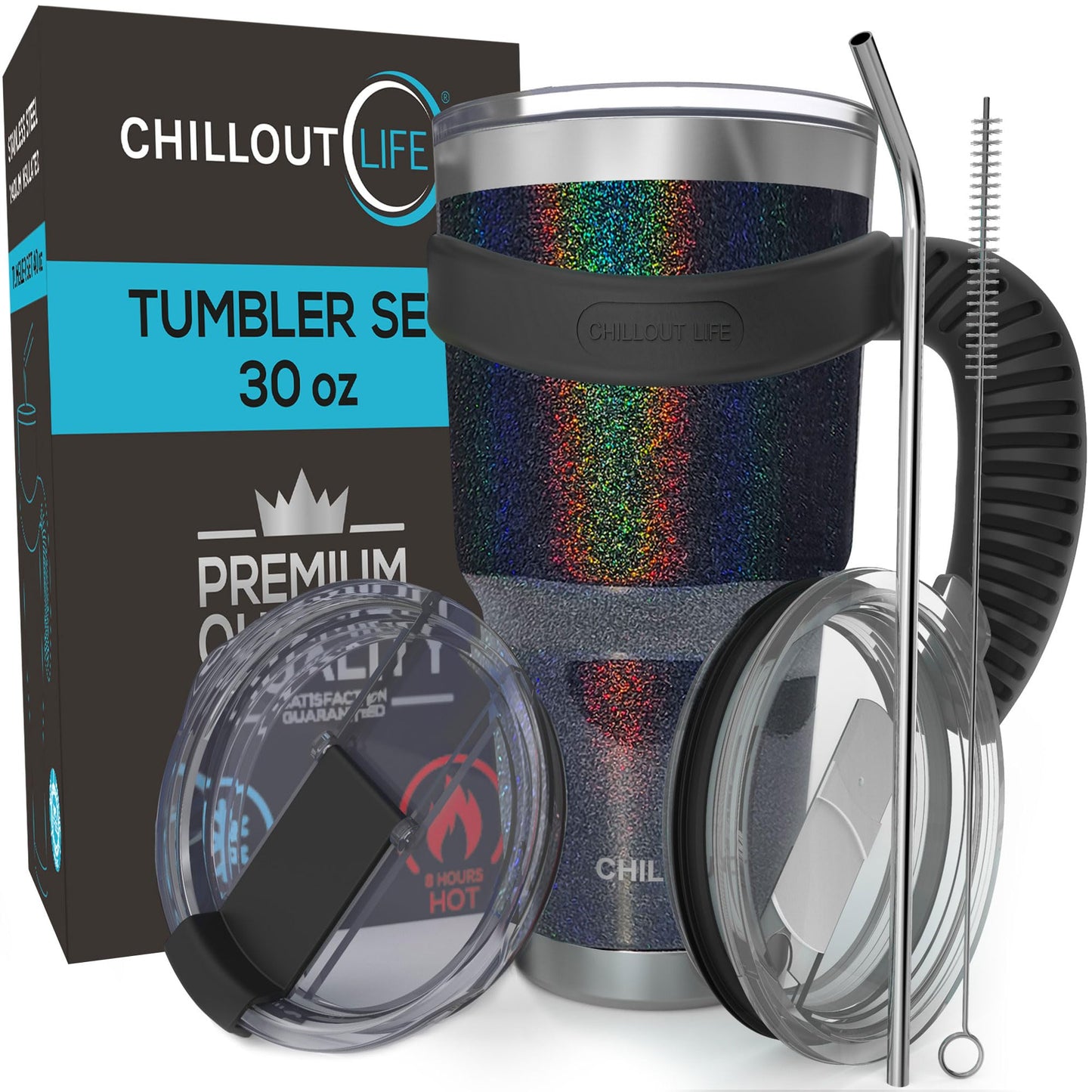 CHILLOUT LIFE Stainless Steel Travel Mug with Handle 30 oz – 6 Piece Set. Tumbler with Handle, Straw, Cleaning Brush & 2 Lids. Double Wall Insulated Large Coffee Mug Bundle