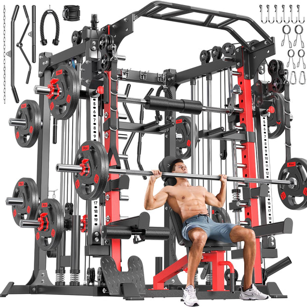 Smith Machine with Cable Crossover System, Multi-Function Squat Rack Power Cage for Home Gym, Power Rack and Packages Weight Sets