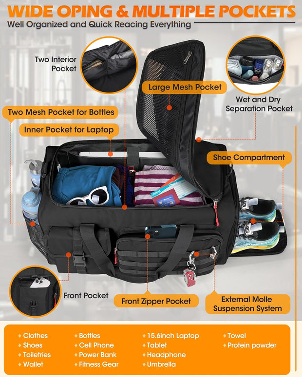 RAINSMORE Gym Bag for Men, 45L Sports Travel Duffel Bag with Shoe & Laptop Compartment, Gym Workout Backpack Carry On Weekender Bag Overnight Backpack for Travel, Black