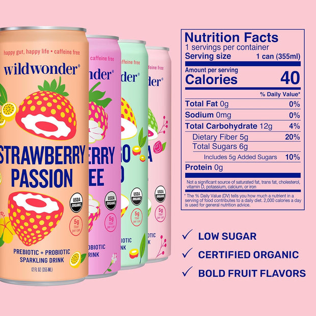 wildwonder Sparkling Probiotic Drink 12pk, For Gut Health & Immune Support, Classic Variety Pack, 5g Prebiotic Fiber, Live Probiotics, Organic, Vegan, Low Sugar, 12 Pack, 12oz Can, Seen on Shark Tank