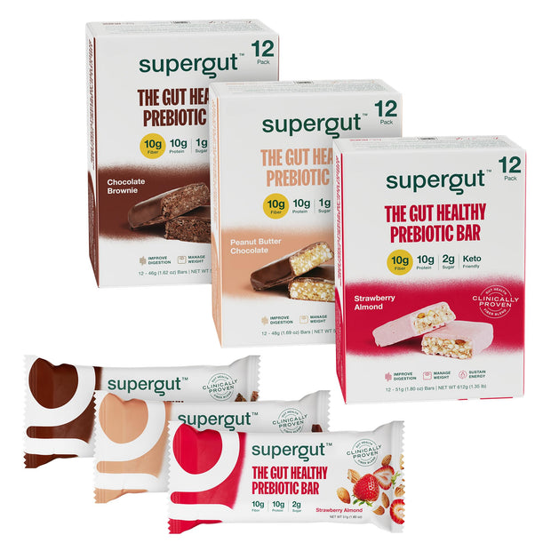Supergut GLP-1 Boosting Prebiotic Bars, Peanut Butter Chocolate - Gut Healthy Protein Snacks & Breakfast Bars - Keto-Friendly Meal Replacement Energy Bars for Gut Health (12 Count)