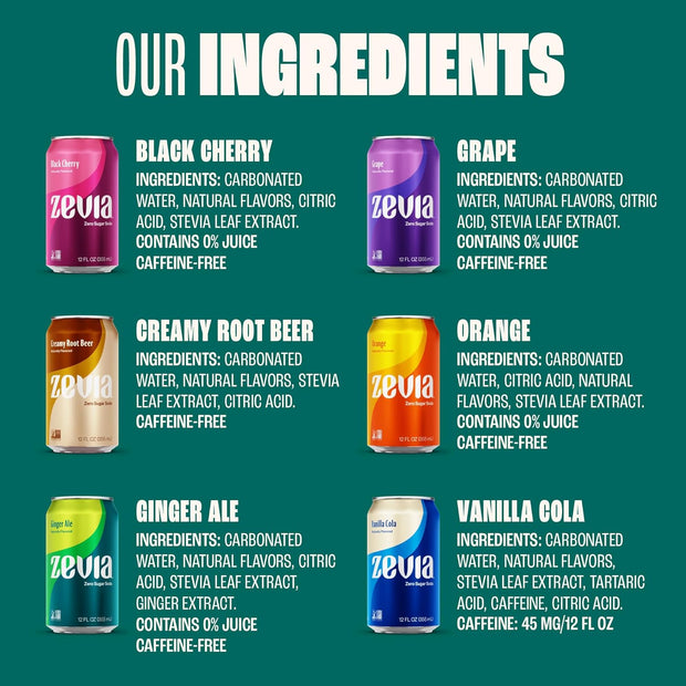 Zevia Zero Sugar Soda, Rainbow Variety Pack, 12 oz Cans (24-Pack) – Naturally Sweetened, Non-GMO Project Verified, Gluten-Free, Vegan