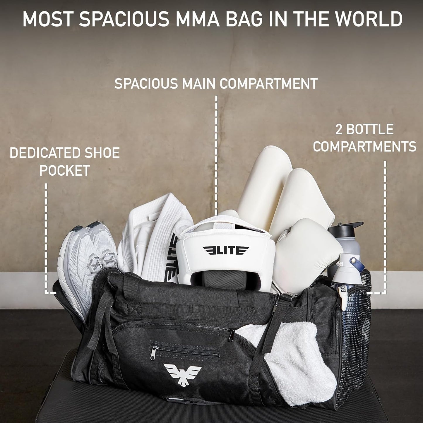 Elite Sports Monster MMA Duffel Bag – Large 44L Cordura Sports Bag w/Mesh Shoe Compartment & Adjustable Strap – MMA, BJJ, Martial Arts Gear – Fits Gi, Headgear, Shin Guards, Rash Guards & More