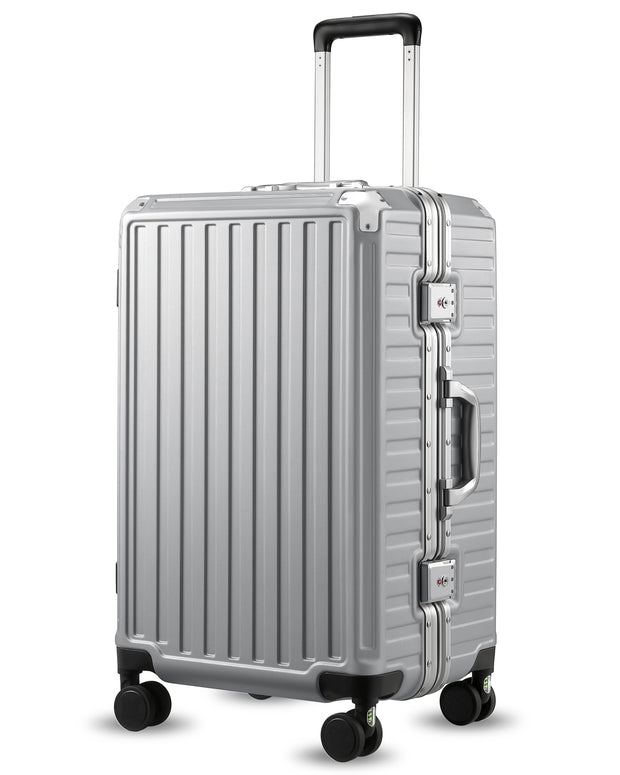 LUGGEX Checked Suitcase with Spinner Wheels, 28 Inch Aluminum Frame Zipperless Polycarbonate Hard Shell Suitcase, Charcoal Metallic