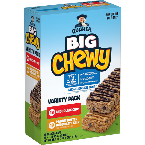 Quaker Chewy Granola Bars, Chewy & Dipps Variety Pack, (58 Bars), Whole Grains, No Artificial Flavors, No Added Colors