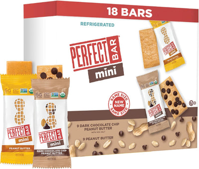 Perfect Bar Mini, Peanut Butter and Dark Chocolate Chip Peanut Butter Variety Pack, Protein Snack, Snack Bar, Organic, Gluten Free, Soy Free, Non GMO, No Sugar Alcohols, 18 count, .88 oz