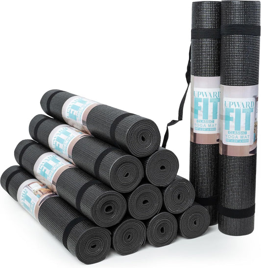 12-Pack Classic Yoga Mat With Carrying Strap, 68" x 24" Non Slip Exercise Mat, 4mm Thick Gym Mat, Bulk Non Toxic Yoga Mats for Home Workout, Schools, Classroom, and Studios