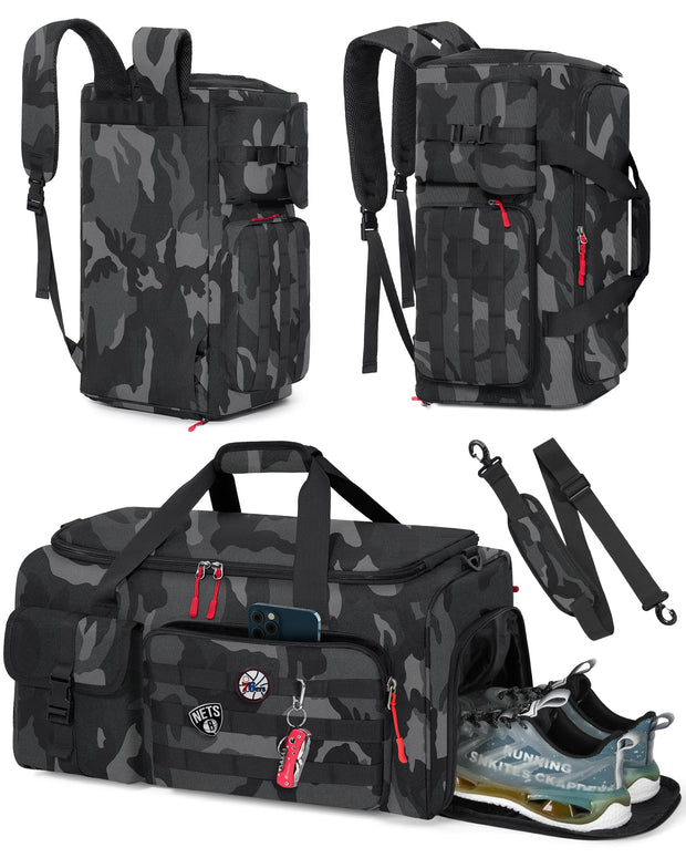 RAINSMORE Gym Bag for Men, 45L Sports Travel Duffel Bag with Shoe & Laptop Compartment, Gym Workout Backpack Carry On Weekender Bag Overnight Backpack for Travel, Black