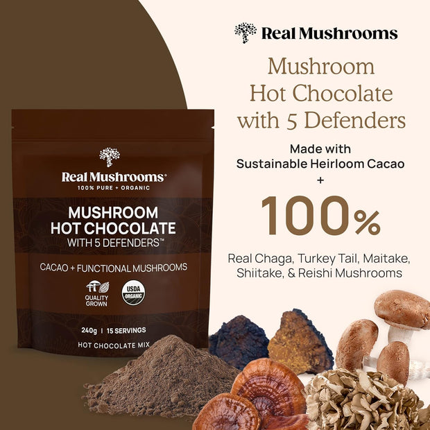 Real Mushrooms Organic Hot Chocolate Mix with Reishi, Turkey Tail, Chaga, Shiitake, Maitake – Cacao Powder Organic Mushroom– 5 Defenders Mushroom Cacao Powder, Vegan, Gluten-Free, 15 Servings