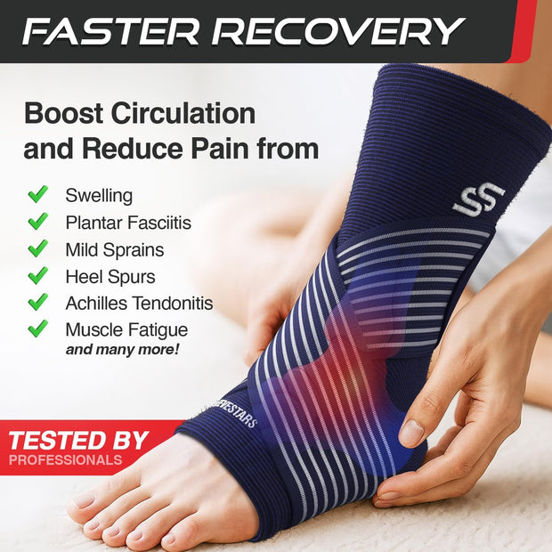 Sleeve Stars Ankle Brace for Women & Men, Ankle Wrap for Sprain, Compression Sleeve for Plantar Fasciitis Relief, Easy Customizable Support: w/ Removable Strap (Single/M:10"-12"/Black)