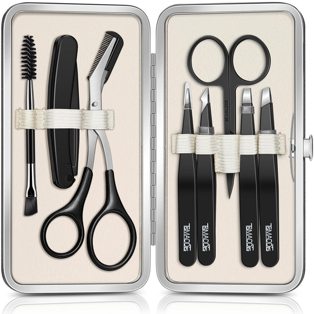 TsMADDTs Tweezers for Women Facial Hair, 8 in 1 Eyebrow Kit with Tweezers, Eyebrow Trimmer Scissors, Razor, Brush with Travel Bag, Hair Plucking Daily Beauty Tools