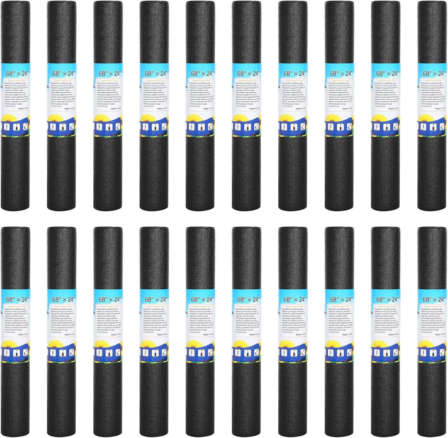 Riakrum 20 Pieces Exercise Yoga Mat Workout Mat with Strap 68 x 24 Inch Fitness Gym Mat Yoga Mat Non Slip for Women Men Gym Home Supplies(Black)