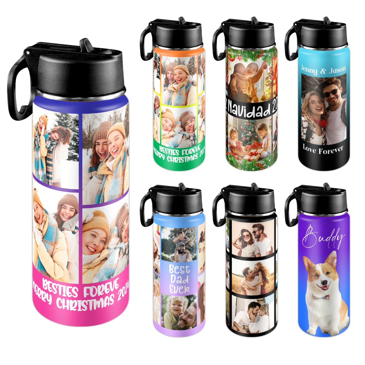 Custom Water Bottle with Photo, 18/32 oz Personalized Picture Stainless Steel Sports Water Bottle for Kids Men Women, Customize Double Wall Vacuum Insulated Bottle Birthday Gifts Water Bottle