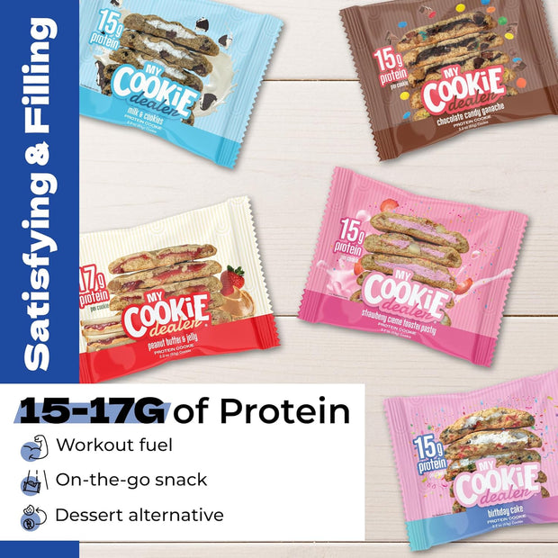My Cookie Dealer Protein Cookies, Variety Pack (5-Pack, 2.2oz Each) - 15-17g of Protein per Cookie - Individually Wrapped Travel Snacks