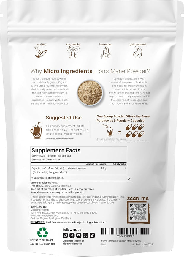 Micro Ingredients Organic Lion’s Mane Mushroom Powder, 16oz | Pure Fruiting Body Superfood | Supports Brain, Focus, Energy & Immune Health | Great for Smoothies & Coffee | Filler Free, Vegan, Non-GMO