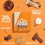 PEAK PROTEIN BARS - Chocolate Peanut Butter Crunch - Natural - Grass-Fed Whey - 20G Protein - Non-GMO - Gluten Free (12 Bars)