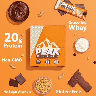 PEAK PROTEIN BARS - Chocolate Peanut Butter Crunch - Natural - Grass-Fed Whey - 20G Protein - Non-GMO - Gluten Free (12 Bars)