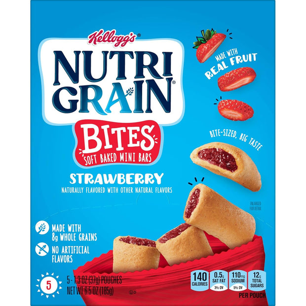 Nutri-Grain Bites Mini Breakfast Bars, Made with Real Fruit and Whole Grains, Kids Lunch Snacks, Strawberry, 32.5oz Case (5 Boxes)