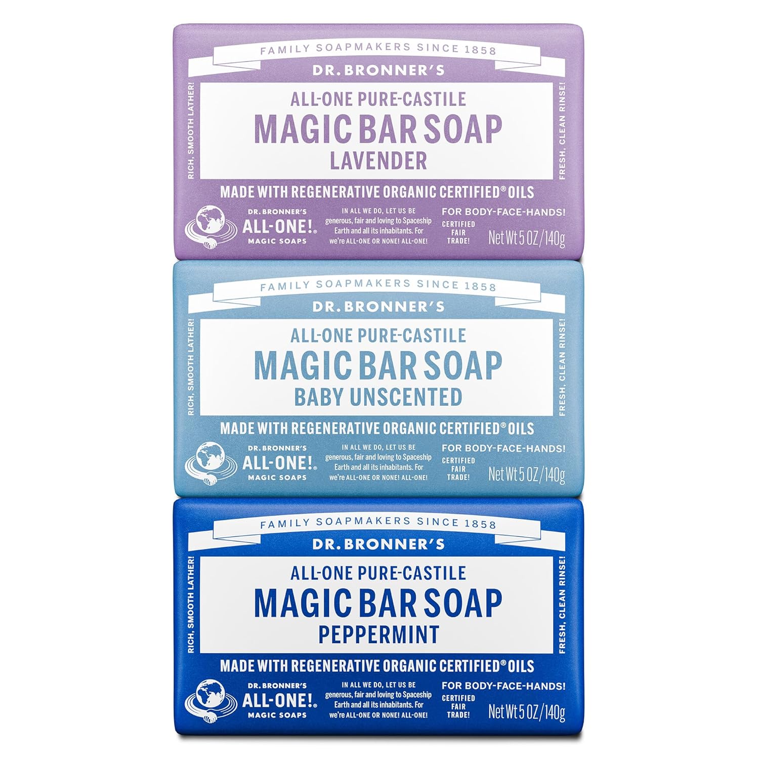 Dr. Bronner's Pure-Castile Magic Bar Soap- Made with Regenerative Organic Certified Oils- For Face, Body, Hair, Vegan Soap Bars for Men & Women- Variety 3-Pack, Peppermint Lavender, Unscented