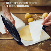 Uno Casa Cast Iron Tortilla Press 8 Inch - Tortilla Maker Press, Pre-Seasoned Roti Maker with 100 Pcs Parchment Paper - Heavy Duty Quesadilla Maker for Homemade Flatbreads, Rotis, Empanadas