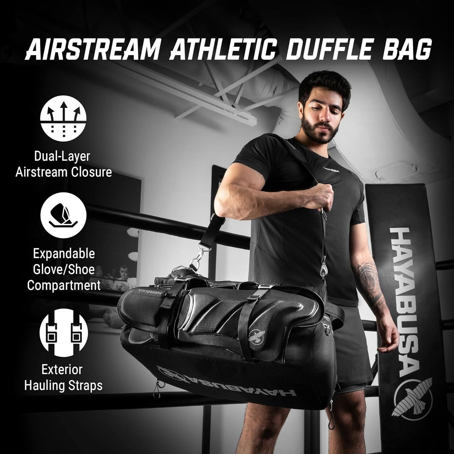 Hayabusa Airstream Athletic Duffle Gym Bag for Women and Men - Black, 50l duffle bag - 7 zippered Pockets, Good for travel, Boxing, MMA, BJJ, kickboxing, Muay Thai, wrestling, Glove/Shoe Compartment