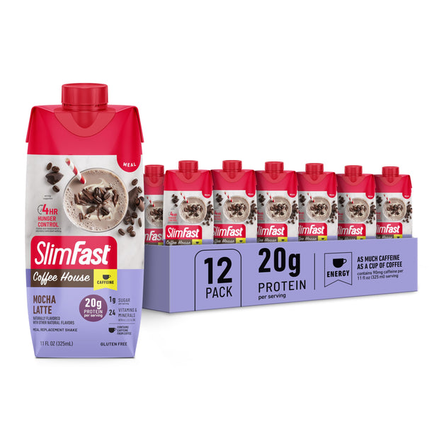 SlimFast Protein Shake with Caffeine, Caramel Macchiato- 20g Protein, Meal Replacement Shakes, High Protein with Low Carb and Low Sugar, 24 Vitamins and Minerals, 12 Count (Pack of 1)