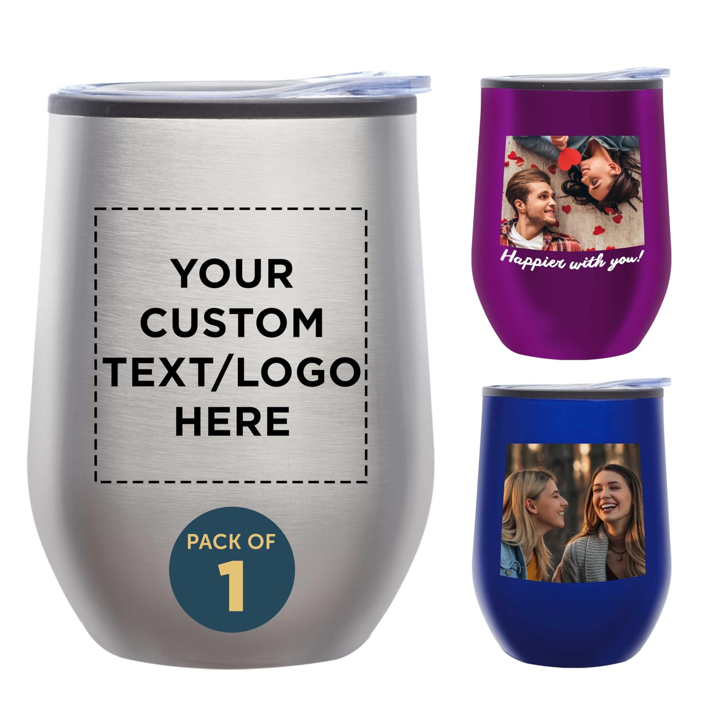 Custom Stemless Wine Tumblers 12 oz. Set of 6, Personalized Bulk Pack - Insulated, Perfect for Wine, Cocktails, Other Hot & Cold Beverages - Silver