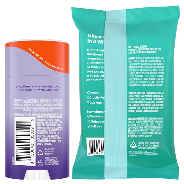 Lume Whole Body Deodorant - Smooth Solid Stick & Flushable Deodorant Wipes - Doctor Developed - Aluminum Free, Baking Soda Free, Skin Loving - 2.6 Ounce (Soft Powder) 15 Count Wipes (Cool Cucumber)