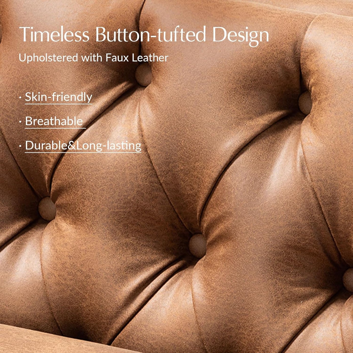 HULALA HOME 84" W Faux Leather Sofa Couch with Metal Legs, Button-Tufted 3-Seater Sofa, Mid Century Modern Upholstered Couch for Living Room, Entertainment Area, Apartment,Camel