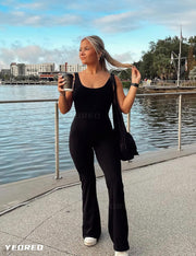 YEOREO Women Workout Scrunch Flare Jumpsuits Sexy Backless Butt Lift Gym Yoga Jumpsuits