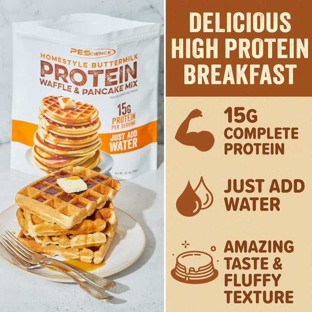 PEScience Protein Pancake & Waffle Mix, Homestyle Buttermilk, 15g High Protein Snacks, Whey and Casein Blend, 12 Servings, Just Add Water